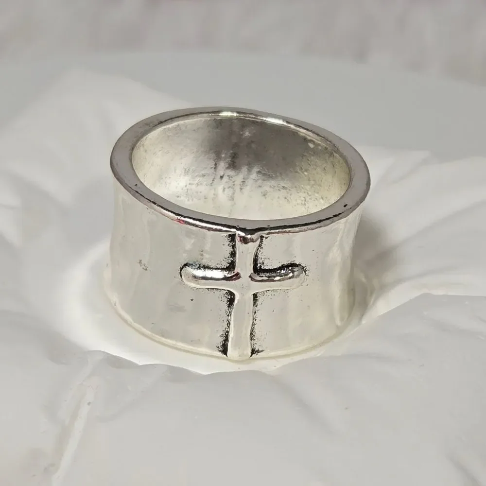 Vintage Silver Cross Ring Wide 13mm Band Antique Finish Faith Statement Size 9.5